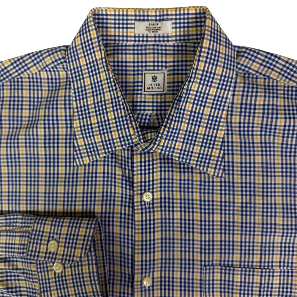 Peter Millar Button Down Shirt Mens Large Blue Yellow Check Long Sleeve Cotton